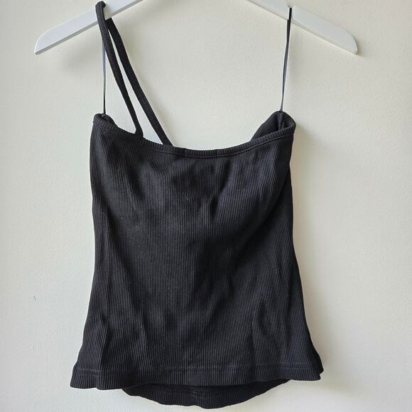 Agolde Lola Asymmetrical Spaghetti Strap Stretch Rib Black Tank Top Size Medium - Picture 6 of 12